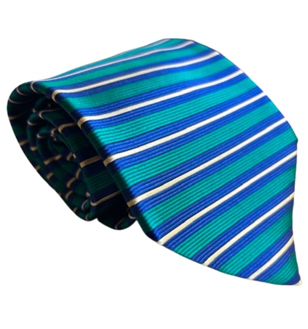 Vintage Robert Talbott Men’s Silk Blue, Green, & Tan Striped Designer Tie